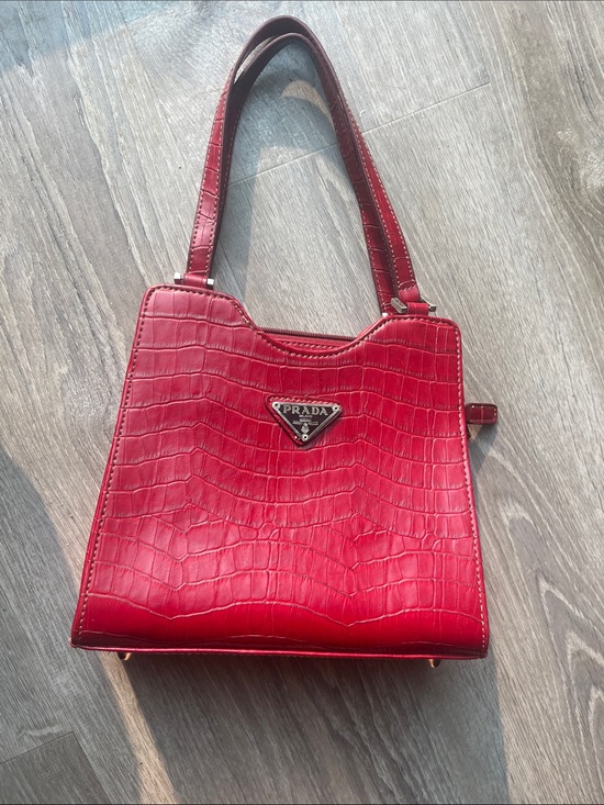 Prada Handbags - Prada Red Croc-Embossed Shoulder Bag with Triangle Logo